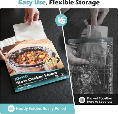 KOOC Slow Cooker Liners, 15 count 14" x 22" Extra Large Size Cooking Bags Fits 6-10 Quart Pots, Disposable Pot Liners Suitable for Oval & Round & Retangular Pot