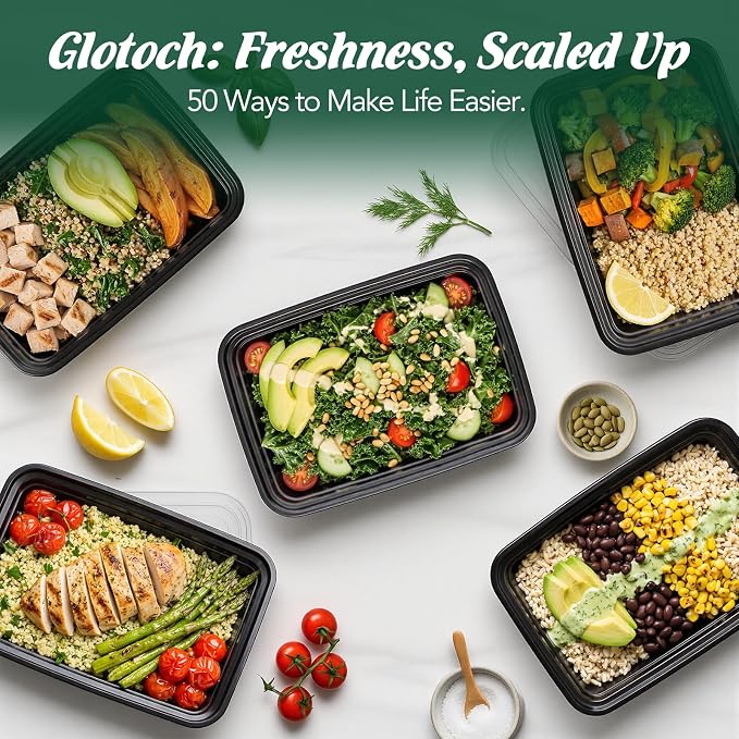 Glotoch Meal Prep Containers 32oz 50 Pack(100 Piece) with Lids, Plastic Food Storage Containers Reusable, Bento Boxes for Portion Control,Takeout, Lunch, Salad, Microwave/Freezer/Dishwasher safe
