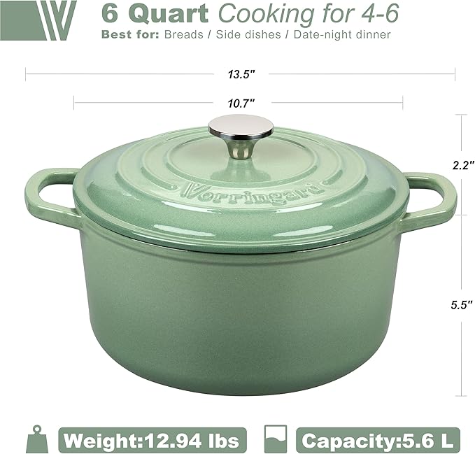 VORRINGARD Enameled Cast Iron Dutch Oven Pot with Lid, for Sourdough Bread Baking, Round Dutch Ovens, 6 Quart, Sage green