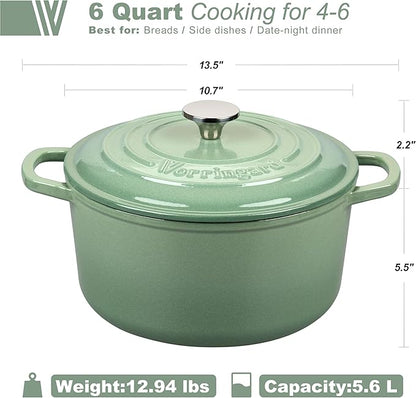 VORRINGARD Enameled Cast Iron Dutch Oven Pot with Lid, for Sourdough Bread Baking, Round Dutch Ovens, 6 Quart, Sage green