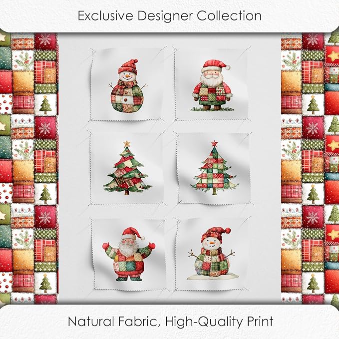 Christmas Patchwork Cotton Fabric Panel – 6 Designs (10×10 inch Each) + Bonus Patchwork Sheet 29.5×19.6 inch, 100% Cotton 140 GSM