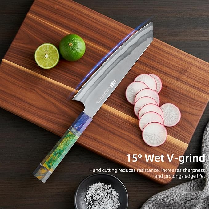 FINDKING 8 Inch Kiritsuke Chef Knife, Japanese-Style Kitchen Knife with 7-Layer 440C Clad Steel Blade, Colorful Stabilized Wood Octagonal Handle, Versatile for Slicing, Chopping, Dicing and Meal Prep