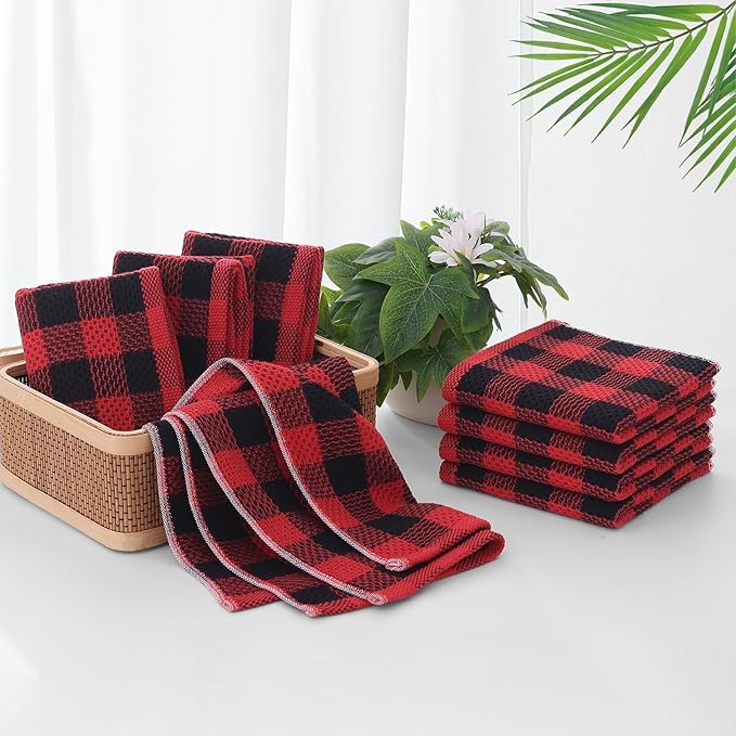 Homaxy Kitchen Towels and Dishcloths Set, 12" x 12" and 13" x 28", Set of 8 Bulk Cotton Waffle Weave Dish Towels, Super Soft Absorbent Hand Towels for Kitchen, Red & Black
