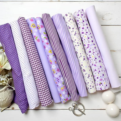 7Pcs Square Shape, Flower, Striped, Polka Dot Cotton Fabric Fabric for Sewing, 25x25cm Cotton Fabric Flower Polka Dot Bundle DIY Patchwork Quilt Cloth,Craft and Hobby Fabric (Purple)