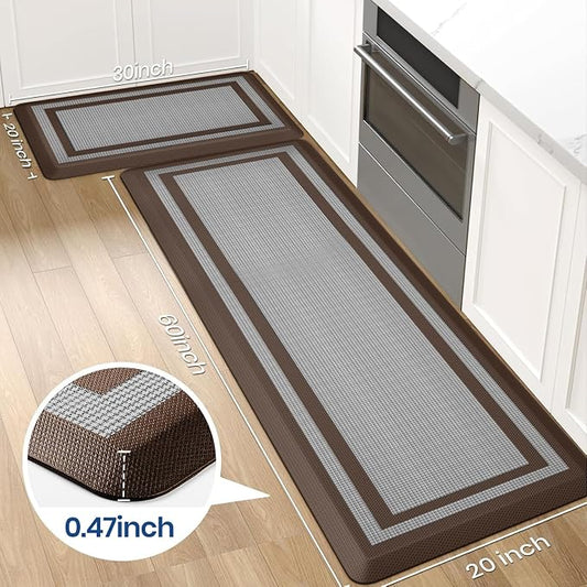 KitchenClouds [2 PCS Kitchen Rugs Cushioned Anti-Fatigue Kitchen Mats for Floor Waterproof Kitchen Rug Set Non-Slip Comfort Standing Mat for Office, Sink, Laundry 20"×30"+20"×60",Chocolate