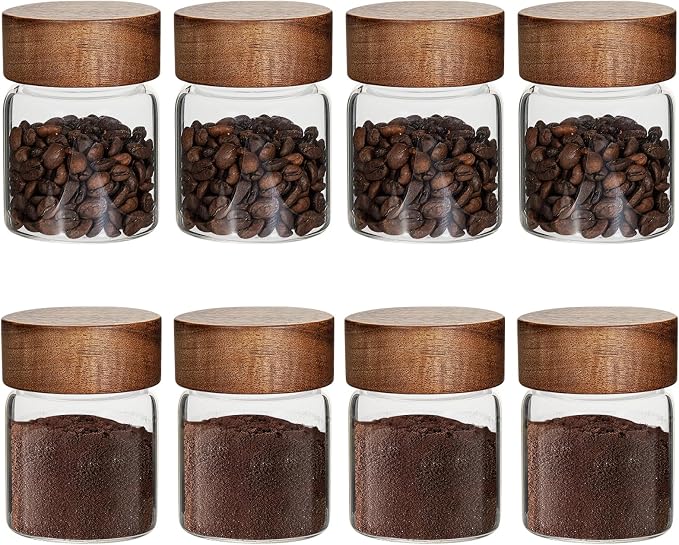 4 oz Glass Spice Mason Jars with Screw Wood Lid 8 pcs Airtight Small Glass Jars Seasoning Herb Containers Food Storage Canister for Sugar Coffee Bean Ground Pantry Cookies Salt (4oz(118ml)*8 pack)