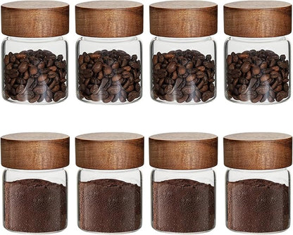 4 oz Glass Spice Mason Jars with Screw Wood Lid 8 pcs Airtight Small Glass Jars Seasoning Herb Containers Food Storage Canister for Sugar Coffee Bean Ground Pantry Cookies Salt (4oz(118ml)*8 pack)