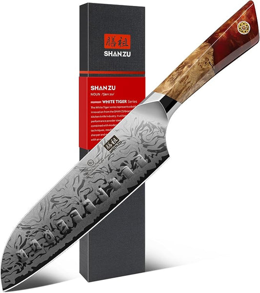 SHAN ZU Damascus Chef Knife, SG2 Powder Steel Japanese Kitchen Knife, 7 inch Hand Forged 91 Layers Damascus Steel Ultra Sharp Knife with Ergonomic Maple Handle