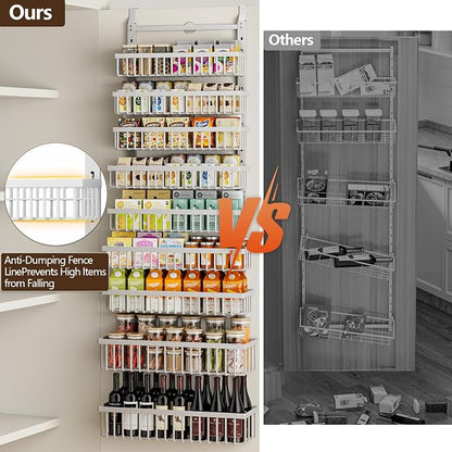 POKIPO 9 Tier Over The Door Pantry Organizer, 2 in 1 Wall Mount or Hanging Spice Rack with Adjustable Deep Basket, Heavy-Duty Seasoning Organizer and Storage for Kitchen Cabinet Closet Bathroom