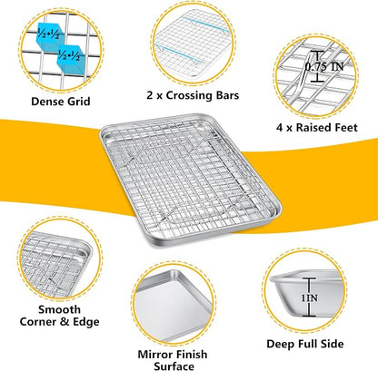 P&P CHEF 9 Inch Toaster Oven Pan with Rack Set, Stainless Steel Baking Pan Tray and Grid Cooling Rack for Cooking/Roasting, Dishwasher Safe & Easy to Clean, Non-toxic & Sturdy, (2Pcs)