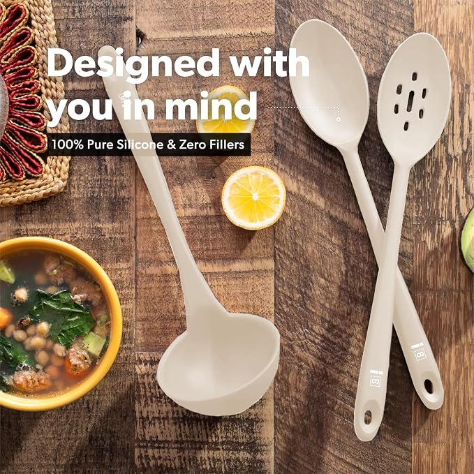 DI ORO Silicone Ladle & Spoons for Cooking – Large Kitchen Spoons for Mixing, Serving, & Stirring - Soup Ladle with Wide Bowl - High Heat Silicone Kitchen Utensils for Nonstick Cookware Safe (Clay)
