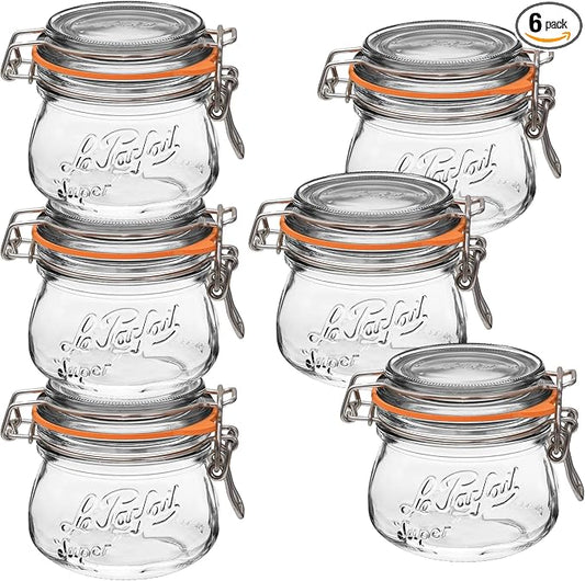 Le Parfait Super Jar 250mL (8oz) French Glass Preserving Jar w/Airtight Rubber Seal & Wire Bail Closure - BPA-Free Canning Jar for Pickles, Fruit, Sauces & Food Storage - Made in France Since 1930 6PK