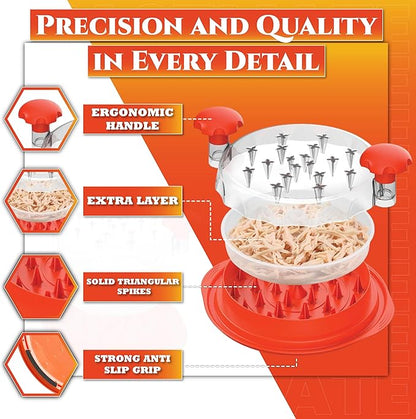 Orange Chicken Shredder Tool Twist 10" Upgraded 3-Layer Meat Shredder for Chicken Breast, Pork & Beef | Transparent Visible Lid Food Shredder with Removable Plate, Non-Slip Base, BPA-Free