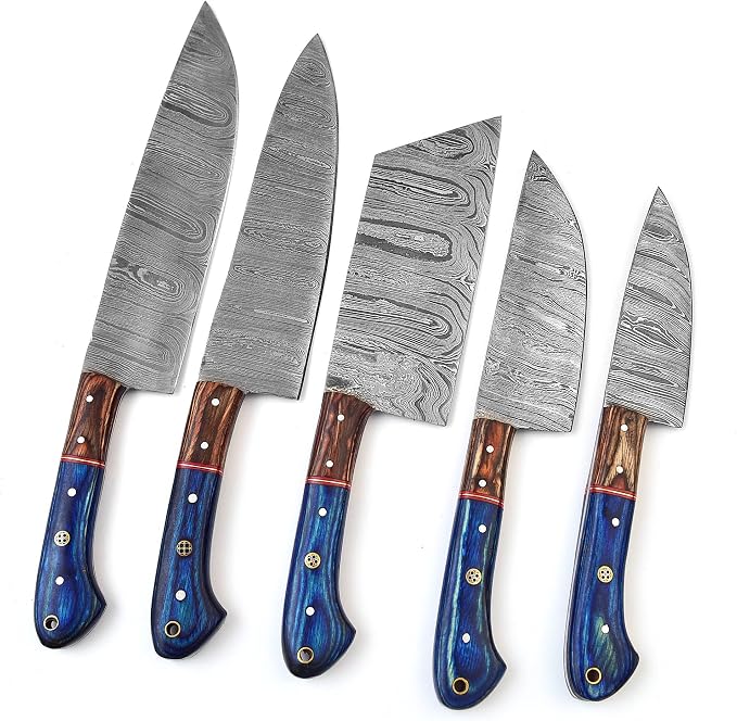 LEONA CRAFT® Custom Handmade Damascus Steel Chef Set Kitchen Knives with Leather Pouch 5 PCS Poplar Home Professional Knife Without Block Cool Blade Wood Handle Utensils Tops Tools Paring Knifes (011)