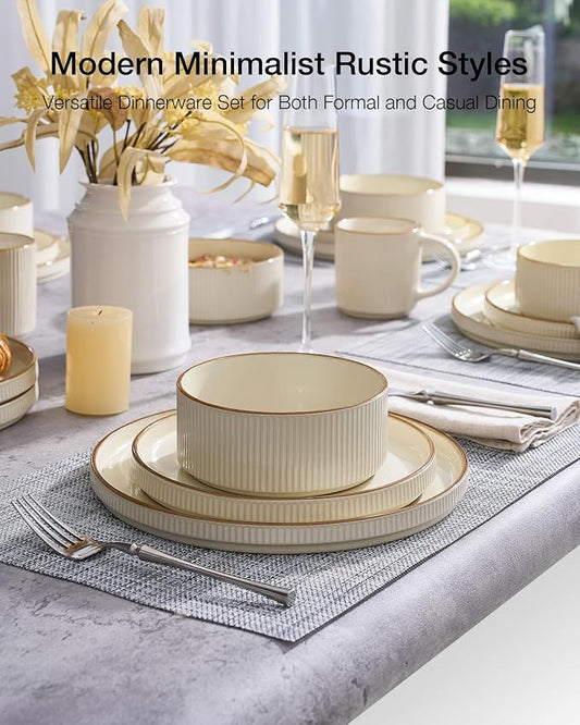 Famiware Star 12-Piece Stoneware Dinnerware Sets with Trim, Service for 4, Ceramic Plates and Bowls Set, Modern Rustic Dishes, Everyday/Formal, Chip/Scratch Resistant, Microwave/Dishwasher Safe, Cream