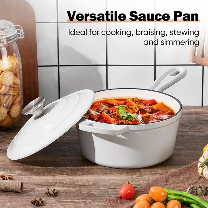 Homikit 3 Quart Saucepan with Lid, Enameled Cast Iron Saucepan for All Cooktops, Heavy Duty Cast Iron Pot for Kitchen Cooking, Boiling, Nonstick & Heat Resistant Up to 500°F, White