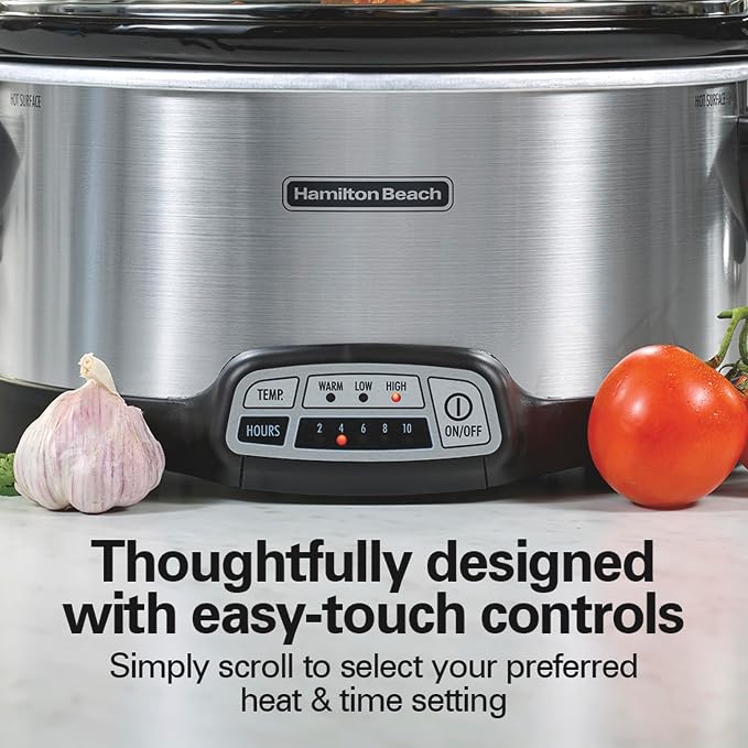 Hamilton Beach Programmable Stay or Go® Slow Cooker, 7 Quart Capacity, Includes 20 oz. Party Dipper Food Warmer, Silver, R33477 (Renewed)