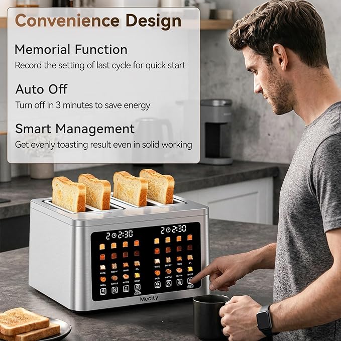 Mecity 4 Slice Toaster Wide Slot, Auto Lift Keep Warm Smart Toaster with Touch Screen, Dual Control Panel, Defrost, Auto Shut Off Digital Toasters for Bagel Muffin Waffle Gluten Free Breads 1700W 120V