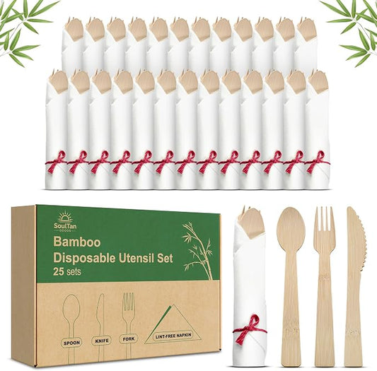 Prerolled Disposable Bamboo Cutlery Set – 25 Pack Pre Wrapped Silverware and Napkin Bundle with Forks, Knives, Spoons for Parties, Weddings, Events, and BBQ (Red String)
