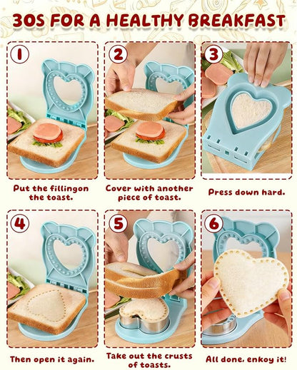 CHICHAUS Uncrustable Sandwich Maker,Sandwiches Pocket Circle Shape 3.7Inch Sandwich Cutter and Sealer,Sandwich Cutter for Kids Breakfast and lunchboxes (Heart Blue)