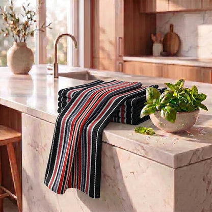 Urban Villa Kitchen Towels Waffle Stripes Dish Towels for Kitchen Black Color Set of 6 Kitchen Towels Highly Absorbent Cotton Over Sized 20X30 in with Mitered Corners Kitchen Hand Tea Towels