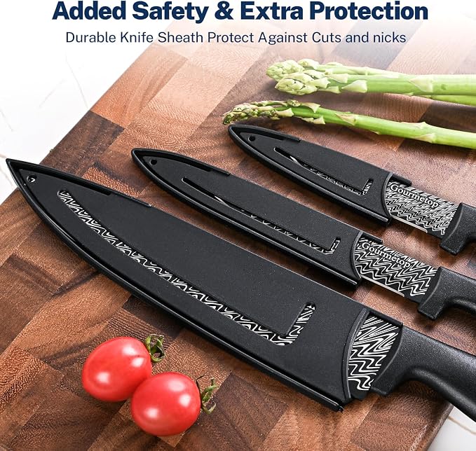 Gourmetop Kitchen Knife Set with Cover 3 Pcs, Black Chef Knife Set for Cooking, Sharp Kitchen Knives with Sheath, 8'' Chef Knife, 5'' Utility, 3.5'' Paring, Damascus Pattern Kitchen Knife for Cutting