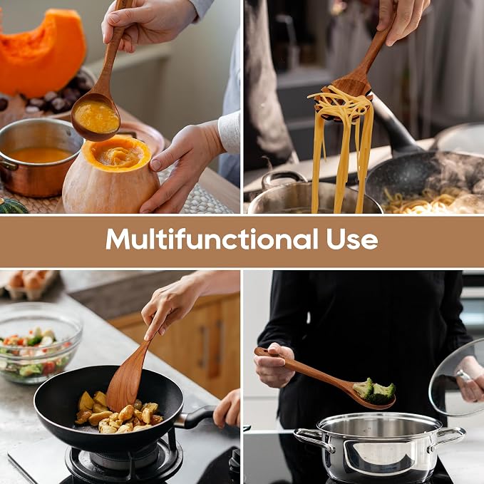 Teak Wooden Cooking Utensils Set, 10 Piece Premium Kitchen Cookware, Non-Scratch Wooden Spoons for Cooking, Perfect for Cooking and Serving