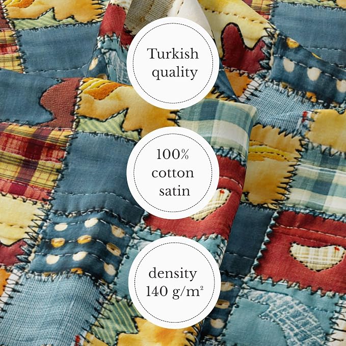 Patchwork Cotton Fabric Panel 61 x 36.6 Inches, Rustic Quilt Style Squares with Heart Motifs, Multicolor Vintage Design, 100% Cotton 140 GSM