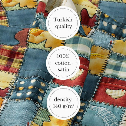Patchwork Cotton Fabric Panel 61 x 36.6 Inches, Rustic Quilt Style Squares with Heart Motifs, Multicolor Vintage Design, 100% Cotton 140 GSM