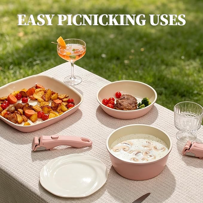 Ceramic Cookware Set Non Stick 23Pcs Pots and Pans Set Non Toxic with Detachable Handle Induction Kitchen Cookware Set Space Saving, Oven & Dishwasher Safe, Pink