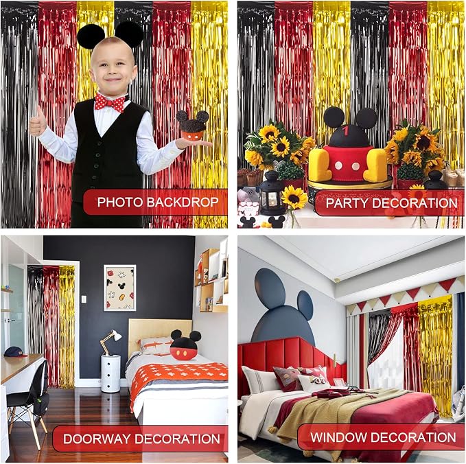 LOLStar Cartoon Mouse Birthday Party Supplies,5 Packs of 3.3x6.6 ft Black Red Gold Tinsel Foil Fringe Curtains, Cartoon Photo Booth Prop Streamer Backdrop, Birthday Party Decorations for Toddlers Kids