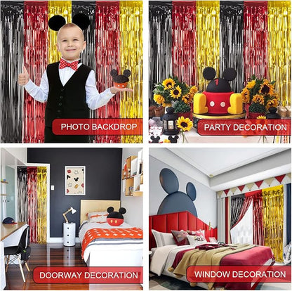LOLStar Cartoon Mouse Birthday Party Supplies,5 Packs of 3.3x6.6 ft Black Red Gold Tinsel Foil Fringe Curtains, Cartoon Photo Booth Prop Streamer Backdrop, Birthday Party Decorations for Toddlers Kids