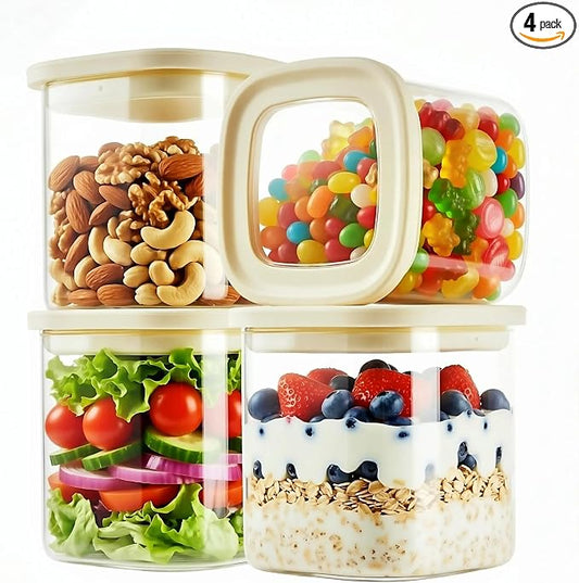 4pcs Small Square Glass Food Storage Containers Set with Glass Lids 0.76Qt - Stackable Kitchen Canisters Sets for Nuts, Overnight Oast, Snacks | 24floz Glass Pantry Storage Jars