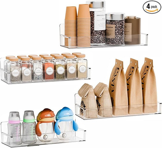 Yieach 4 Pack Clear Spice Rack Wall Mount with Adhesive,11.5″L x 3.6″W,Stick on Seasoning Jar Spice Organization for Cabinet Door or Pantry Door,Adhesive Wall Spice Rack for RV,Kitchen,Inside Cabinets