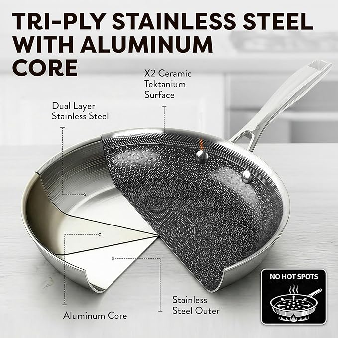 Gotham Steel Ceramax 12 Pcs Tri Ply Hybrid Stainless Steel Cookware Set, Ceramic Pots and Pans Set Non Stick with Induction Cookware, Made Without PTFE PFOA, Metal Utensil, Oven and Dishwasher Safe