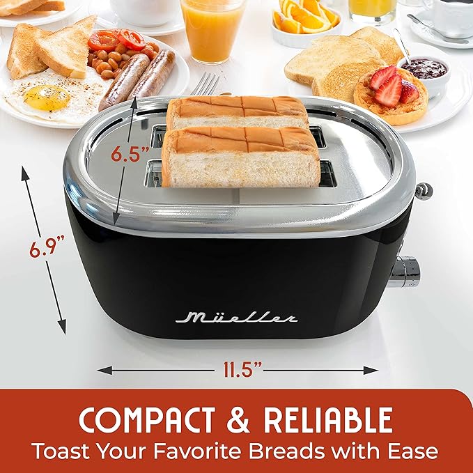 MUELLER HOME Retro Toaster 2 Slice, 7 Browning Levels, 3 Functions (Reheat, Defrost, Cancel), Stainless Steel Features, Removable Crumb Tray, Under Base Cord Storage, Black