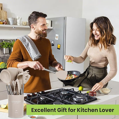Cooking Utensils Set, 35Pcs Silicone Kitchen Utensils Set with Holder, 446°F Heat Resistant Food Grade Spatula Set, BPA Free Kitchen Gadgets for Non-stick Cookware, Easy to Clean (Khaki)