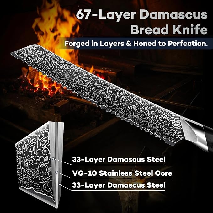 DRAGON RIOT 8 Inch Bread Knife with Damascus Pattern, VG10 Steel Core, High Carbon Stainless Steel Serrated Blade, Ergonomic Curved Handle, Easy to Clean, Kitchen & Baking Gift
