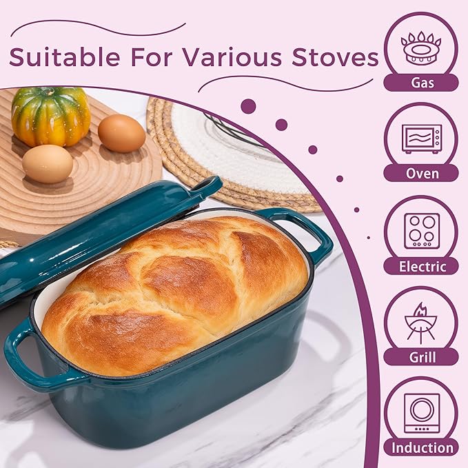 4.6-Quart Oval Dutch Oven for Bread Baking, 2 in 1 Enameled Cast Iron Bread Pan with Lid, Sourdough Baking Pan for a Crispy Crust, Teal
