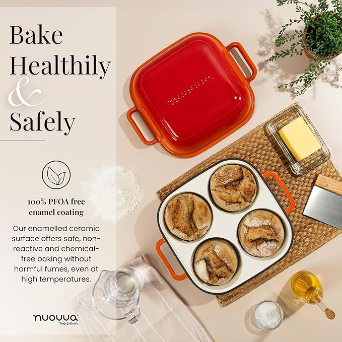 QuadPro Enamelled Cast Iron Bread Loaf Pot – Dutch Oven for Sourdough Bread Baking – 500°F Oven Safe Non Stick Bread Pot – 4 Round Loaf Spaces (4.90-inch Diameter), Orange – by Nuovva