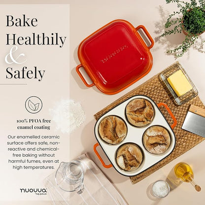 QuadPro Enamelled Cast Iron Bread Loaf Pot – Dutch Oven for Sourdough Bread Baking – 500°F Oven Safe Non Stick Bread Pot – 4 Round Loaf Spaces (4.90-inch Diameter), Orange – by Nuovva