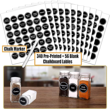 SWOMMOLY 25 Glass Spice Jars with 703 Spice Labels, Chalk Marker and Funnel Complete Set. 25 Square Glass Jars 4OZ, Airtight Cap, Pour/sift Shaker Lid