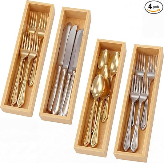 4 Pcs Bamboo Drawer Organizer Stackable Utensil Organizer for Kitchen Bamboo Storage Box Wood Silverware Tray for Drawer, Dresser, Bathroom 12" x 3" x 2"