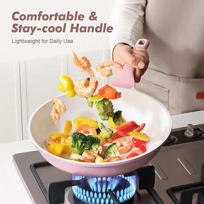 SENSARTE Nonstick Ceramic Frying Pan with Lid 8 Inch Small Omelette Pan Skillet, Free of Intentionally Added PFAS/PTFE Non-toxic Chef's Pan Induction Compatible Pan, Heat Resistant Handle, Sakura Pink
