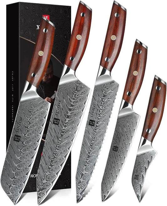 XINZUO 5 Pcs Knife Set, Professional Super Damscus Steel Kitchen Knife Set, Ultra Sharp Blade, Natural Rose Handle, Chef Gift Box-Yi Series
