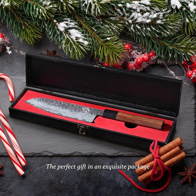 MITSUMOTO SAKARI 7-Inch Japanese Santoku Knife | Wide Santoku blade, 7-inch control, hand forged 3-layer 9Cr18MoV steel, rosewood handle