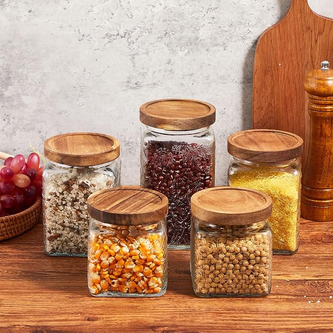 Gerrii Clear 5 Pcs Vintage Glass Food Storage Containers 17/24/34 oz Glass Jar with Lid Airtight Candy Food Canisters for Kitchen Counter Pantry Coffee Beans (Begonia,Sunflower,Window Grilles Square)