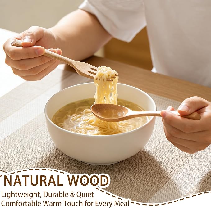 6Pcs Wood Soup Spoons And Forks Sets 7.5In Natural Wood Eating Utensils Wooden Flatware Set, Eco Friendly Wood Cutlery Wooden Dinner Fork And Spoon, 3 Spoons and 3 Forks