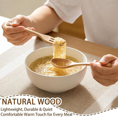 6Pcs Wood Soup Spoons And Forks Sets 7.5In Natural Wood Eating Utensils Wooden Flatware Set, Eco Friendly Wood Cutlery Wooden Dinner Fork And Spoon, 3 Spoons and 3 Forks