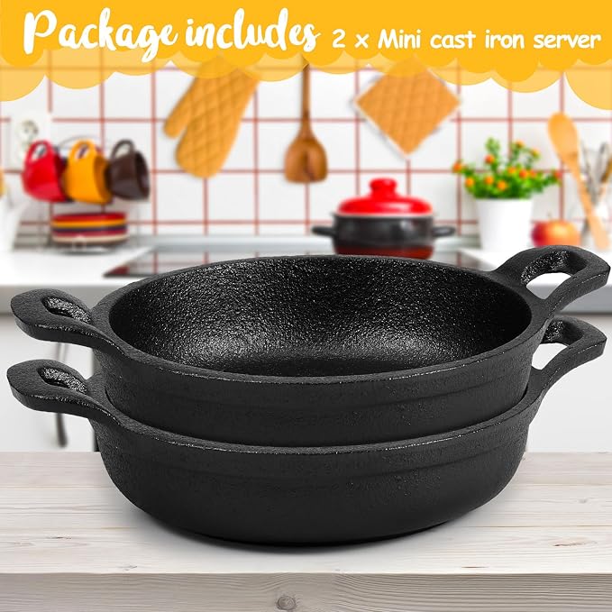 Ziliny Mini Cast Iron Skillets 5 x 5 x 1.3 Inch Cast Iron Pan Small Ramekin Set Black Casserole Dish Cookware Oven Safe Mini Skillets for Kitchen Indoor Outdoor Picnic (2 Pack)